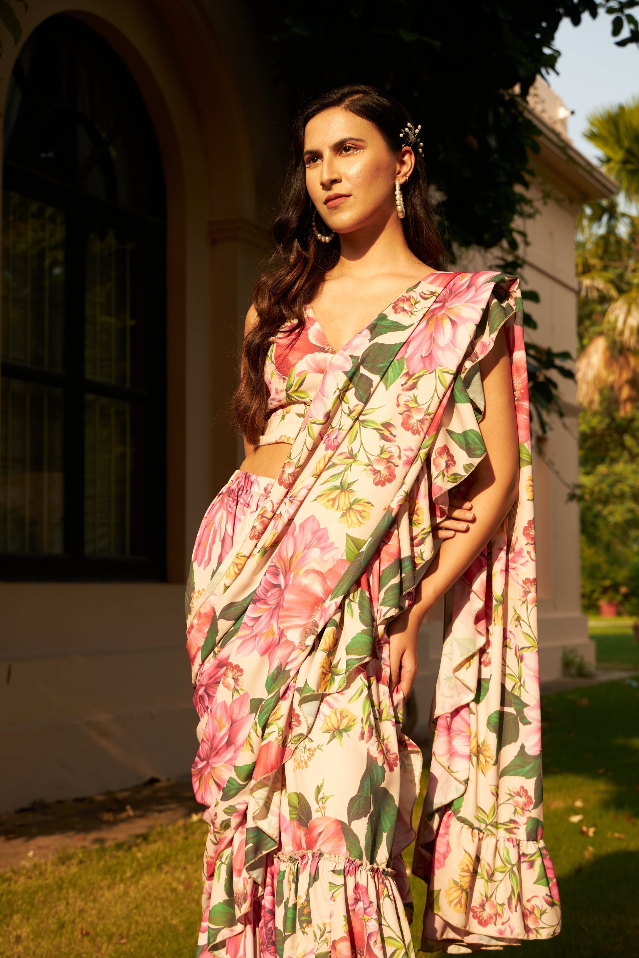 Floral Fantasy Tiered Ruffled Skirt Saree with Plunge Top - Pink Magic