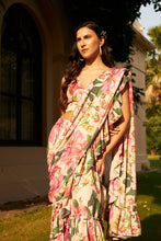 Load image into Gallery viewer, Floral Fantasy Tiered Ruffled Skirt Saree with Plunge Top - Pink Magic