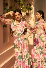 Load image into Gallery viewer, Floral Fantasy Ruffled Skirt Saree with Puff Sleeve Blouse - Pink Magic