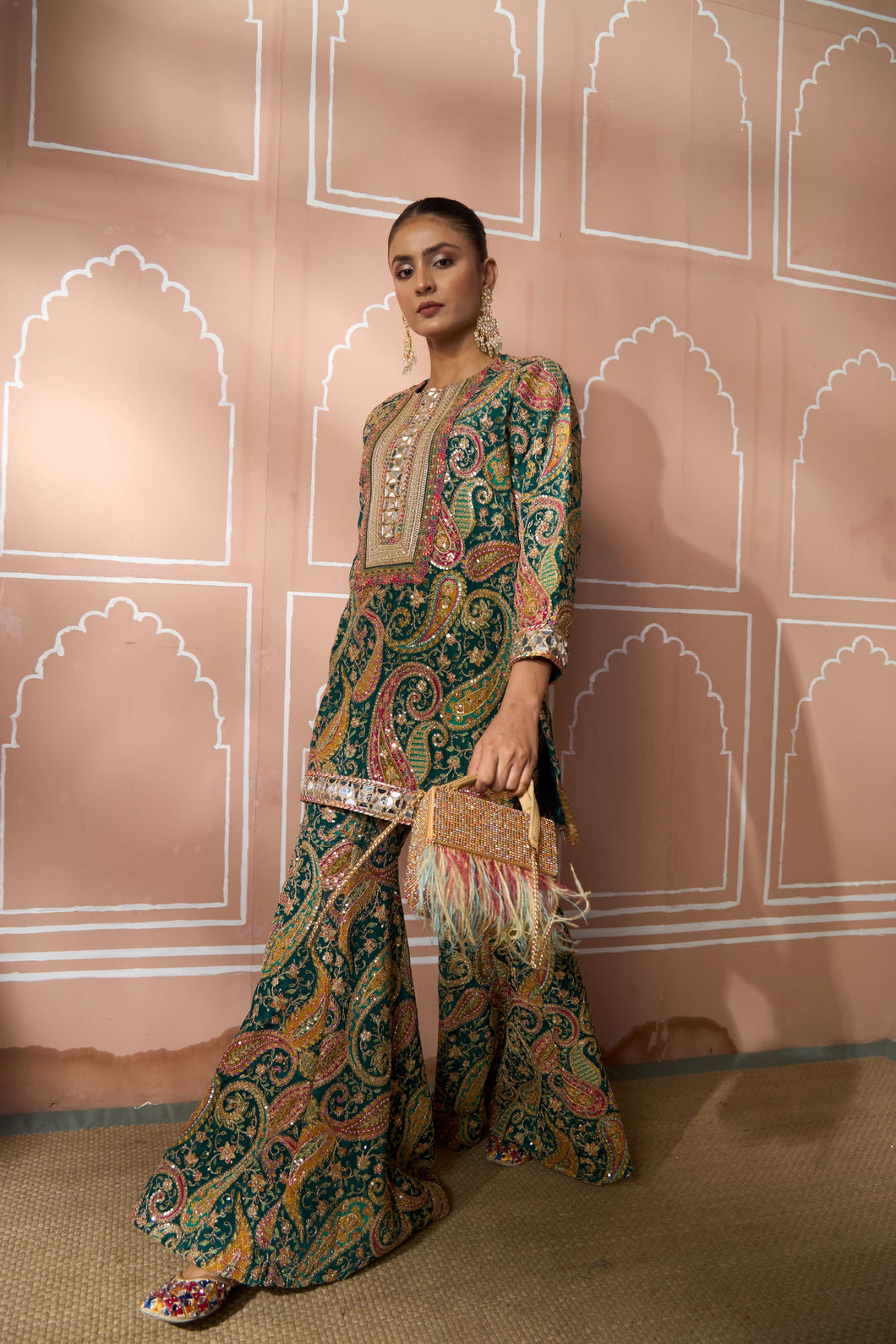 Elizey Paisley Embroidered Sharara Set - Emerald Green