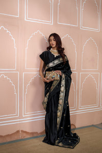 Classy Pleated Saree with Velvet Palla - Black