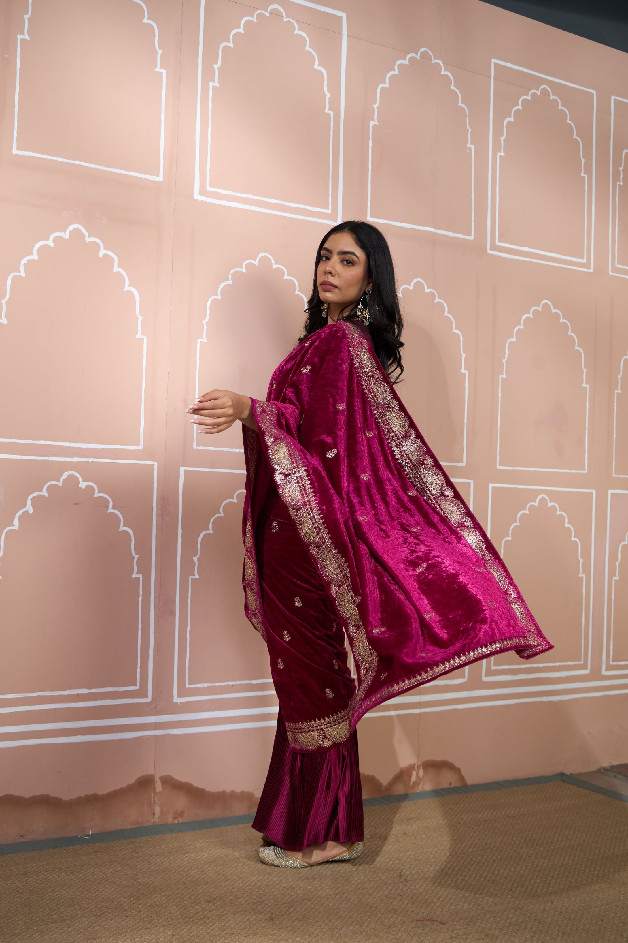 Classy Pleated Saree with Velvet Palla - Maroon