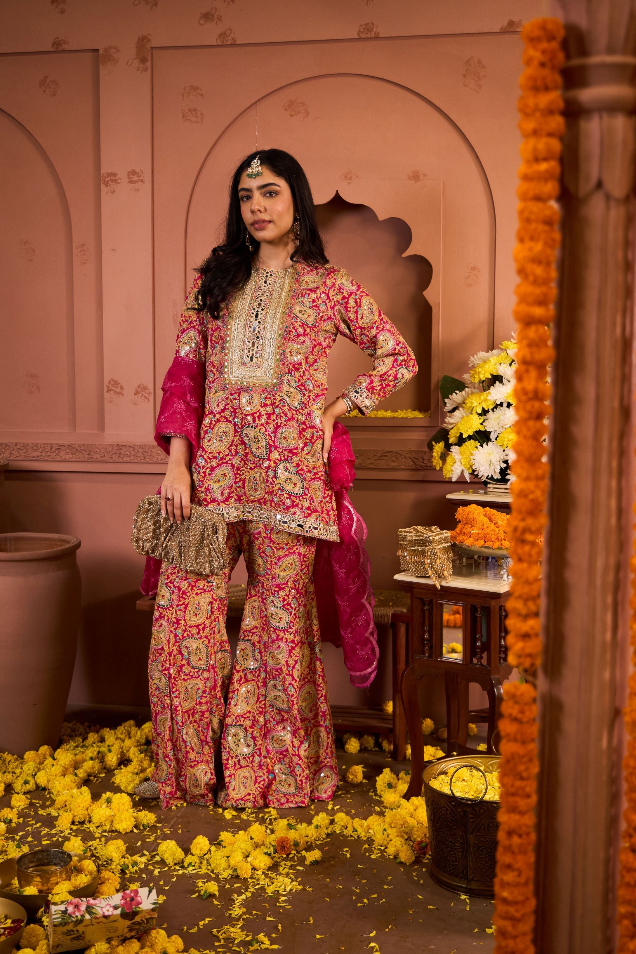 Elizey Paisley Embroidered Sharara Set - Fuschia