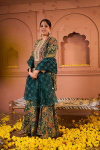 Elizey Paisley Embroidered Sharara Set - Green