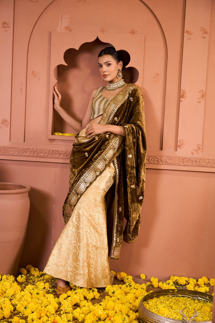 Embroidered Blouses with Brocade Pants and Velvet Palla - Gold