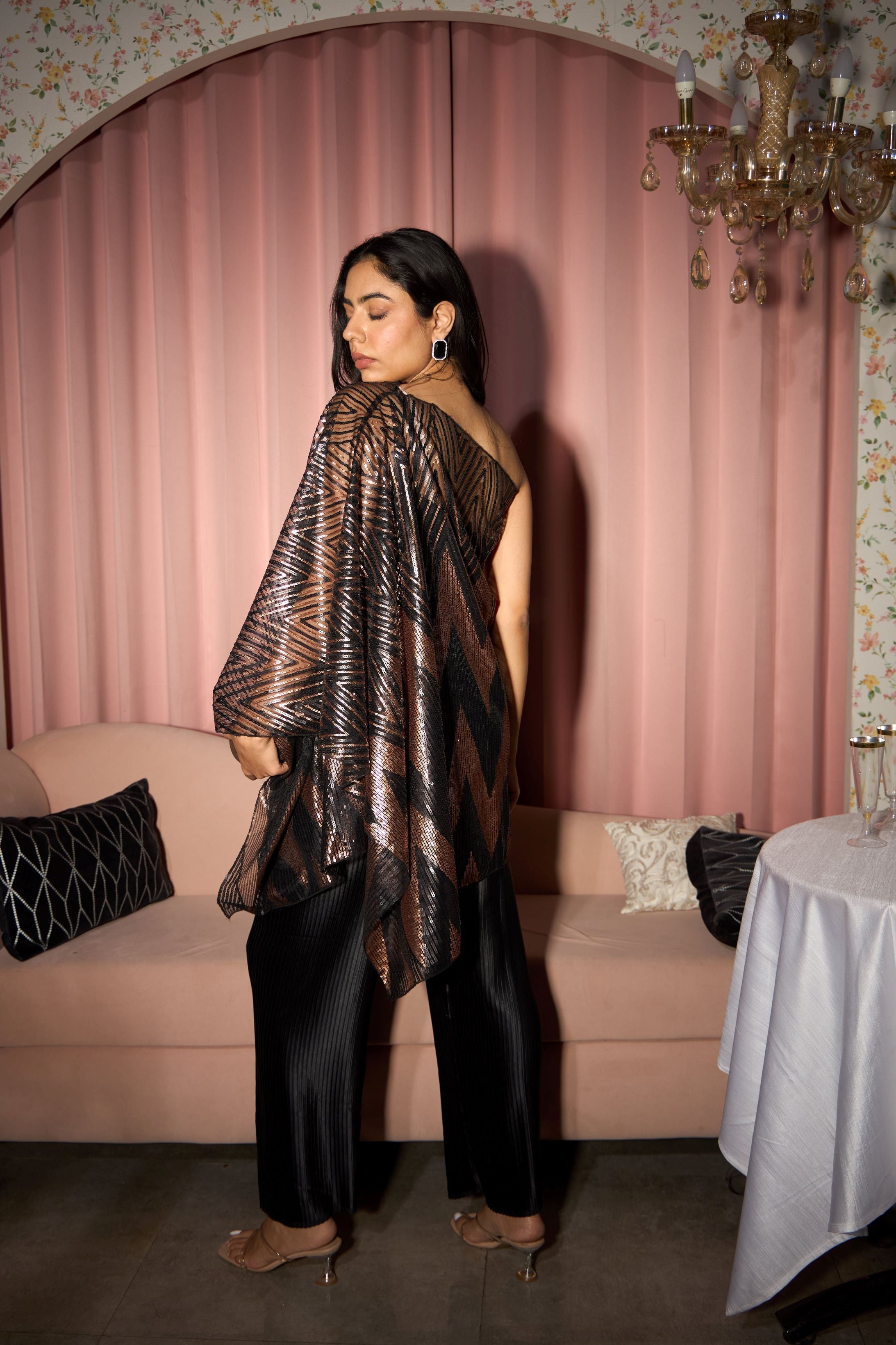 Avyah Black Gold Sequence One-Shoulder Mesh Top with Embroidered Pants - Black