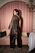 Load image into Gallery viewer, Avyah Black Gold Sequence One-Shoulder Mesh Top with Embroidered Pants - Black