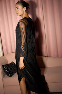 Slip Easy Dress With Embroidered Fringe Cape - Black