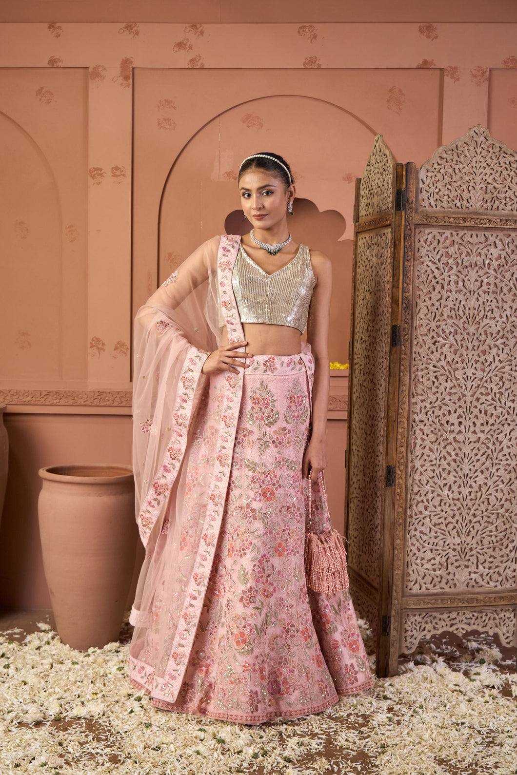 Saira Floral Embroidered Ghaghra with Sequence Blouse And Chunni - Rose Pink