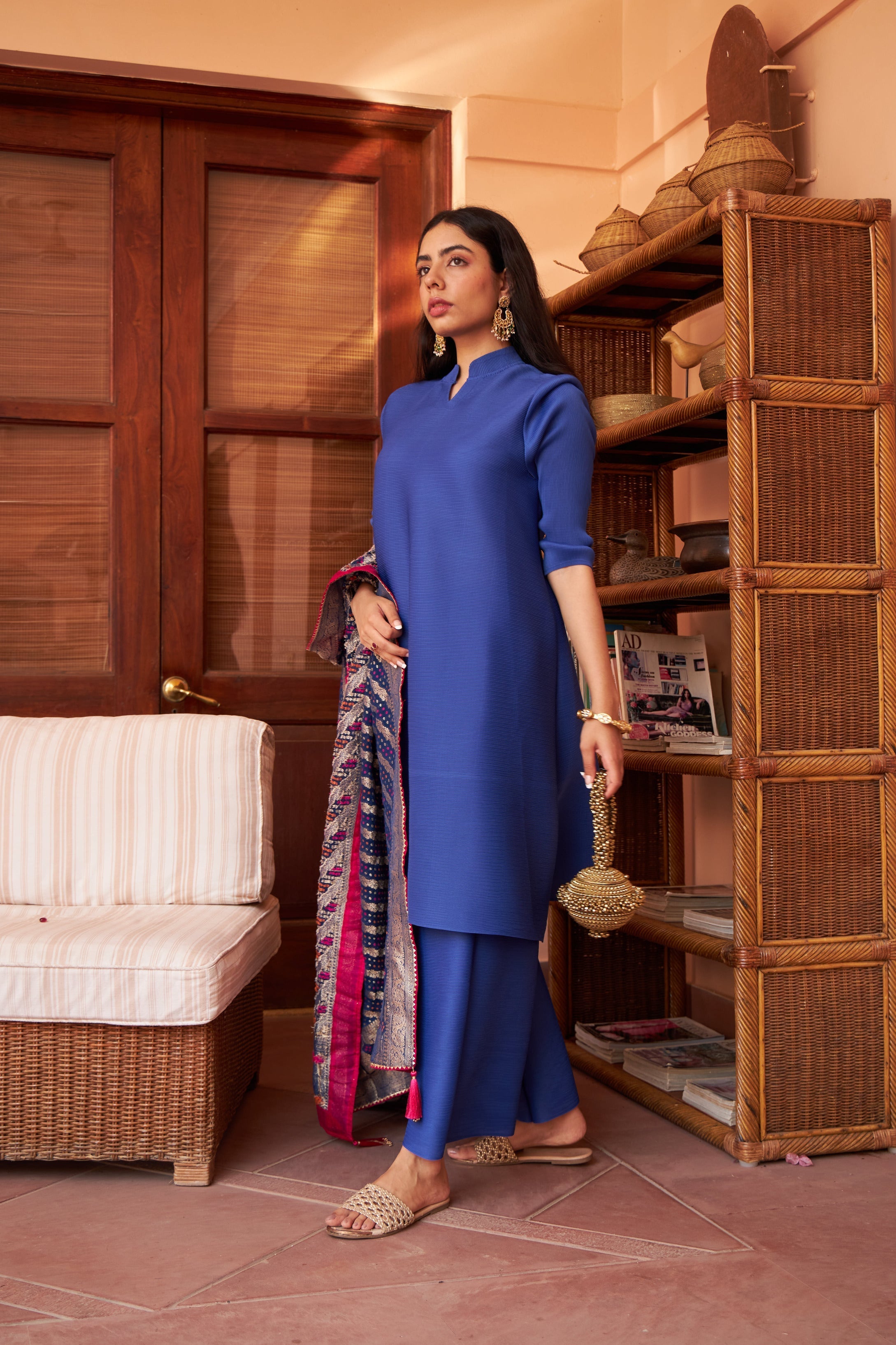 Myra Mandarin Kurta with Culotte Pants - Cobalt Blue