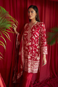 Reyna Gara Glazed Kurta With Pleated Pants and Dupatta- Red