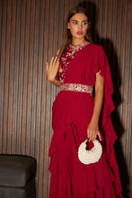 Load image into Gallery viewer, Reyna Glazed Classy Ruffle Saree with Gara Blouse and Belt - Red