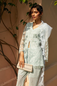 Exquisite Embroidered Slit Peplum Kurta With Straight Pants - Frost Blue