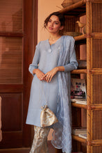 Load image into Gallery viewer, Elegant Pleated &amp; Brocade Tunic Set with Dupatta and Potli- Pastel Blue