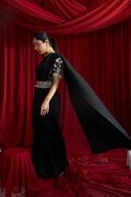 Load image into Gallery viewer, Reyna Glazed Pleated Skirt Saree with Gara Puff Sleeve Blouse and Belt - Black