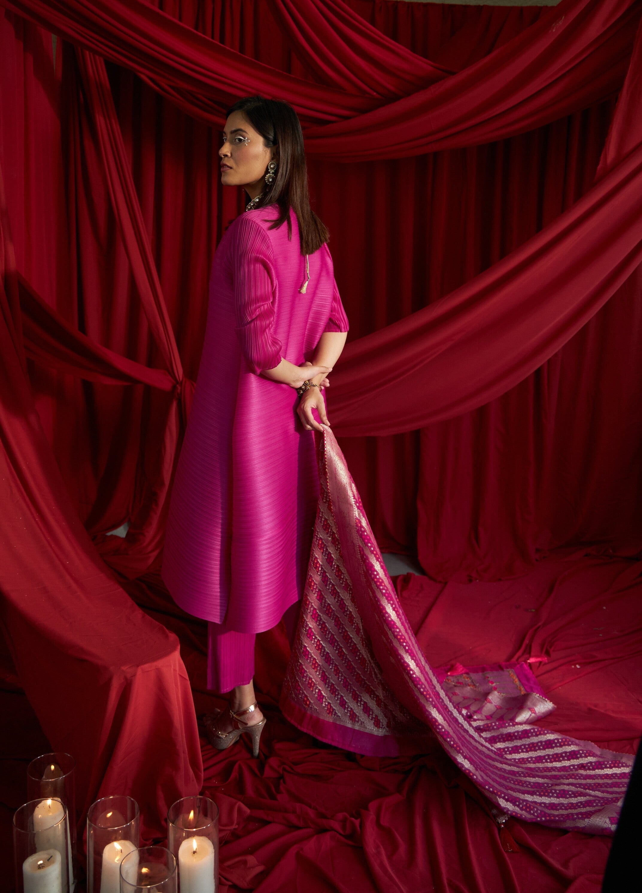 Siara Kurta with Plisse Straight Pants - Fushia