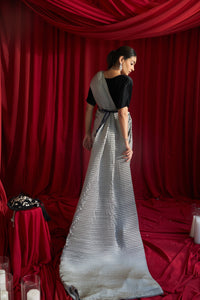 Reyna Glazed Classy Pleated Color Block Gown Saree with Gara Belt - Black & Grey