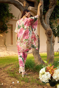 Floral Fantasy Cinched-in Kaftan Top with Straight Pants - Pink Magic