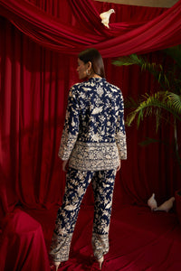 Reyna Gara Glazed Potli Button Jacket With Coordinated Pants- Navy Blue