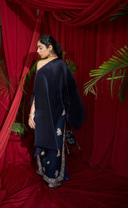 Reyna Gara Glazed Embroidered Pleated Cape Coordinated with Slit Pants - Navy Blue