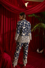 Load image into Gallery viewer, Reyna Gara Glazed Potli Button Jacket With Coordinated Pants- Navy Blue