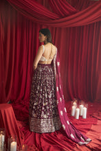 Load image into Gallery viewer, Reyna Gara Glazed Ghagra with Pearl Blouse and Dupatta- Wine
