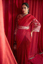 Load image into Gallery viewer, Reyna Glazed Pleated Skirt Saree with Gara Bell Sleeve Blouse and Belt - Red