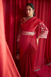 Reyna Glazed Pleated Skirt Saree with Gara Bell Sleeve Blouse and Belt - Red