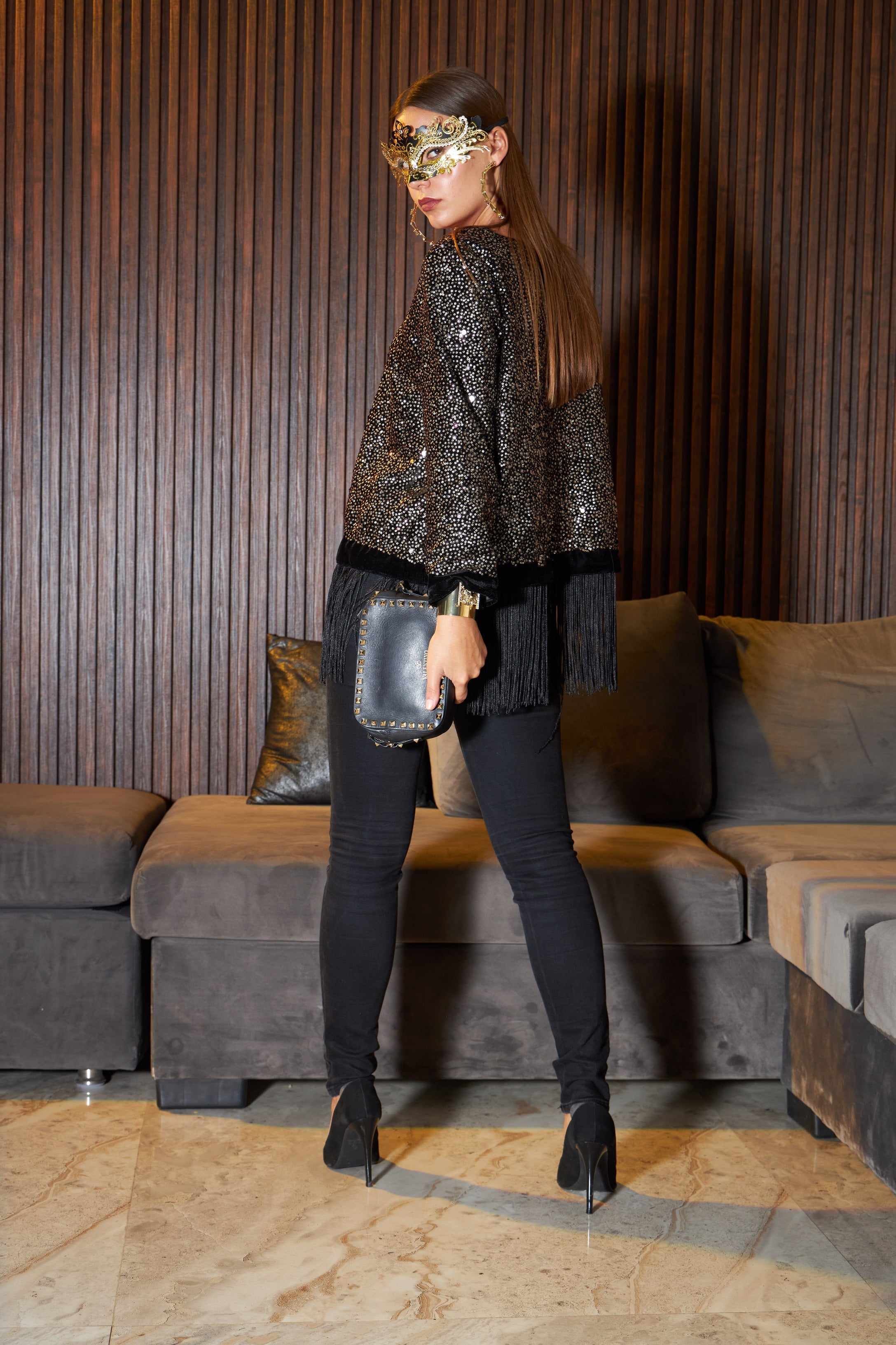 Soiree Sequins Fringe Jacket - Black Gold