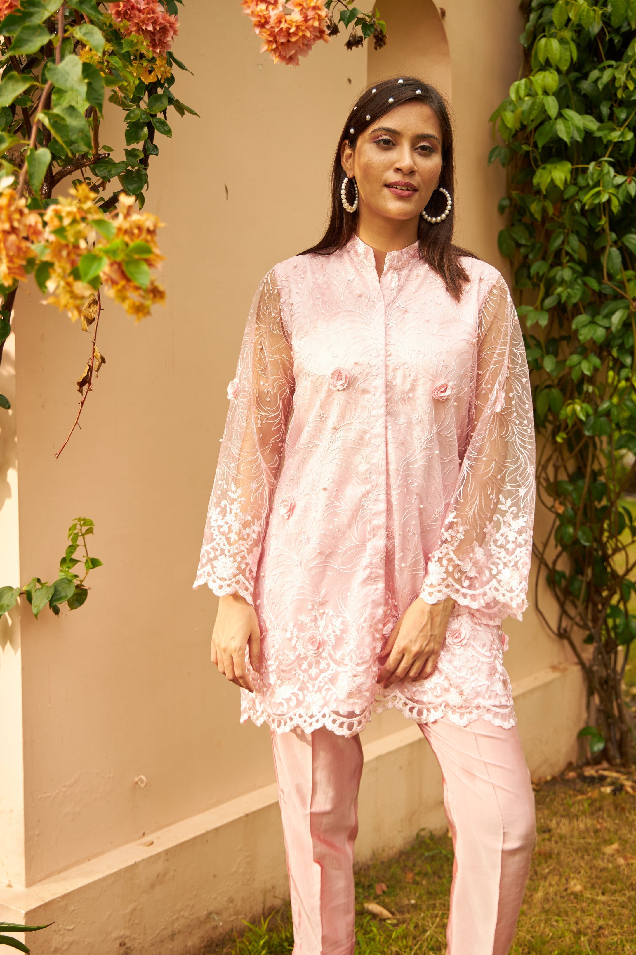 Sahanna Scalloped Tunic Co-ordinated with Straight Pants - Blush