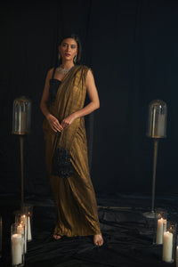 Saia Metallic Slit Saree with Crystal Blouse - Gun Metal Gold