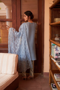 Elegant Pleated & Brocade Tunic Set with Dupatta and Potli- Pastel Blue