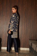 Load image into Gallery viewer, Reyna Gara Glazed Potli Button Kurta With Pleated Pants and Dupatta- Blue