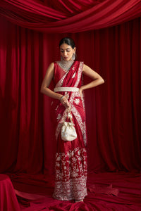 Reyna Glazed Classy Pleated Gown Saree with Gara Palla and Belt - Red