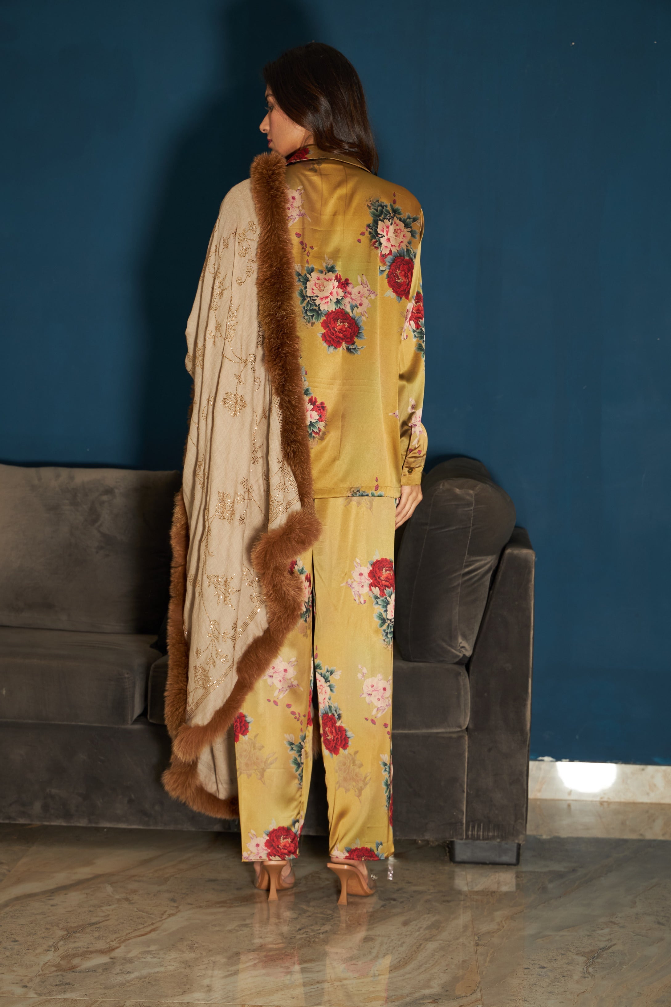 Florence Floral Satin Co-Ord Set - Yellow