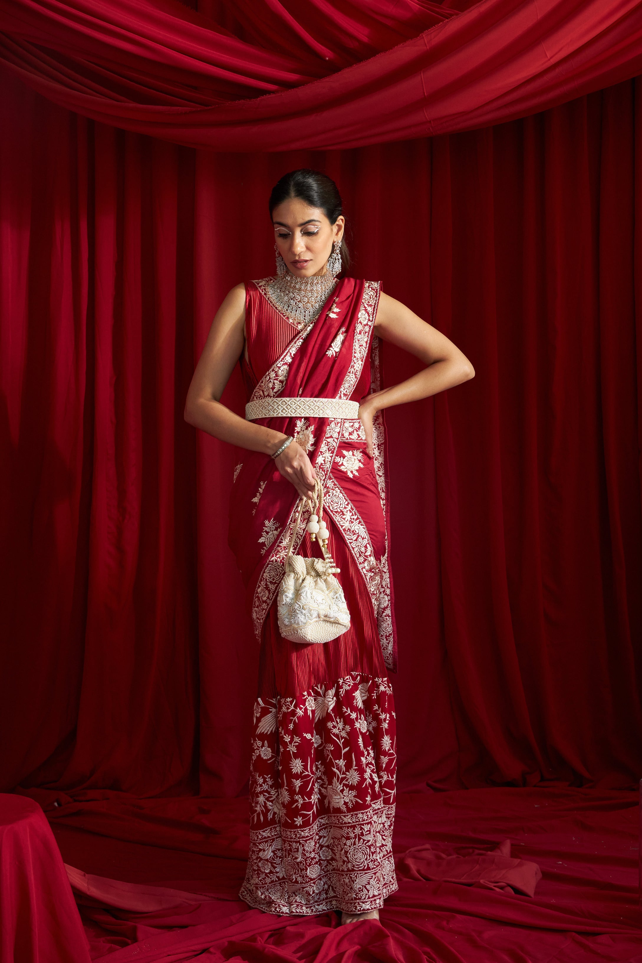 Reyna Glazed Classy Pleated Gown Saree with Gara Palla and Belt - Red