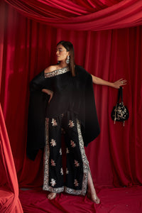 Reyna Gara Glazed Embroidered Pleated Cape Coordinated with Slit Pants - Black