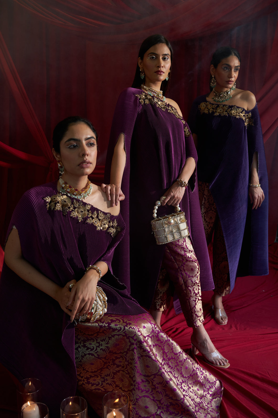 Divine Embroidered Cape with Brocade Pants - Hibiscus