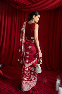 Reyna Glazed Classy Pleated Gown Saree with Gara Palla and Belt - Red