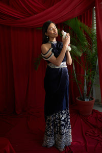 Reyna Gara Glazed Classy Pleated Gown Saree with Belt - Navy Blue