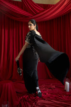 Load image into Gallery viewer, Reyna Glazed Pleated Skirt Saree with Gara Puff Sleeve Blouse and Belt - Black