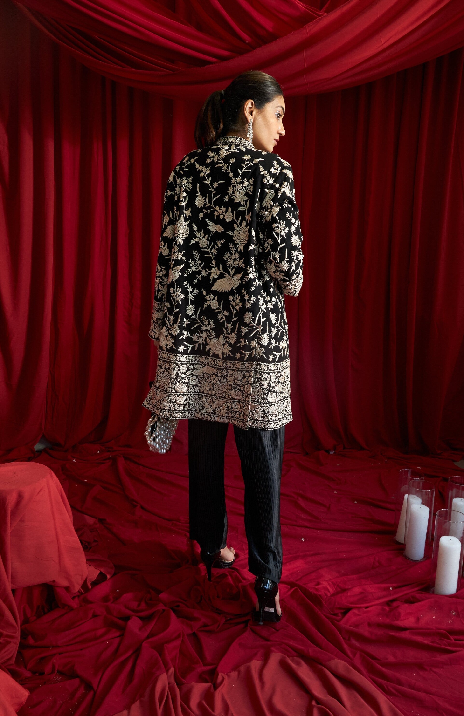 Reyna Gara Glazed long Jacket  and Pleated Pants - Black