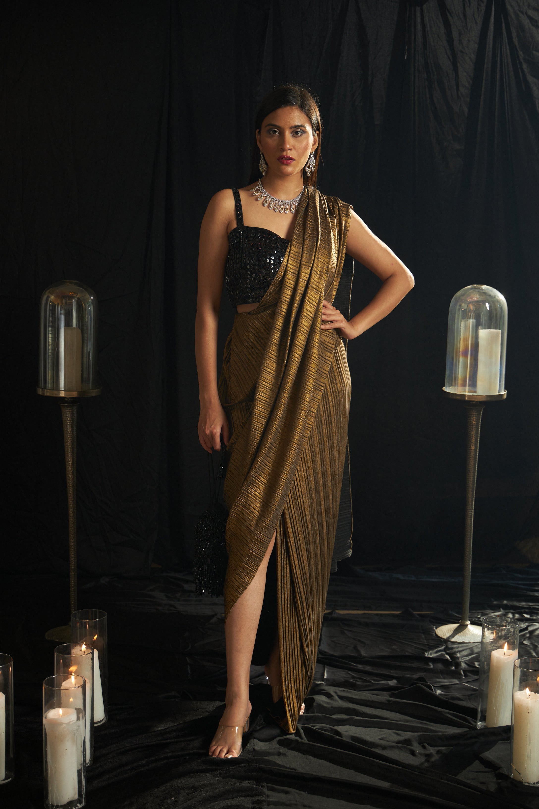 Saia Metallic Slit Saree with Crystal Blouse - Gun Metal Gold