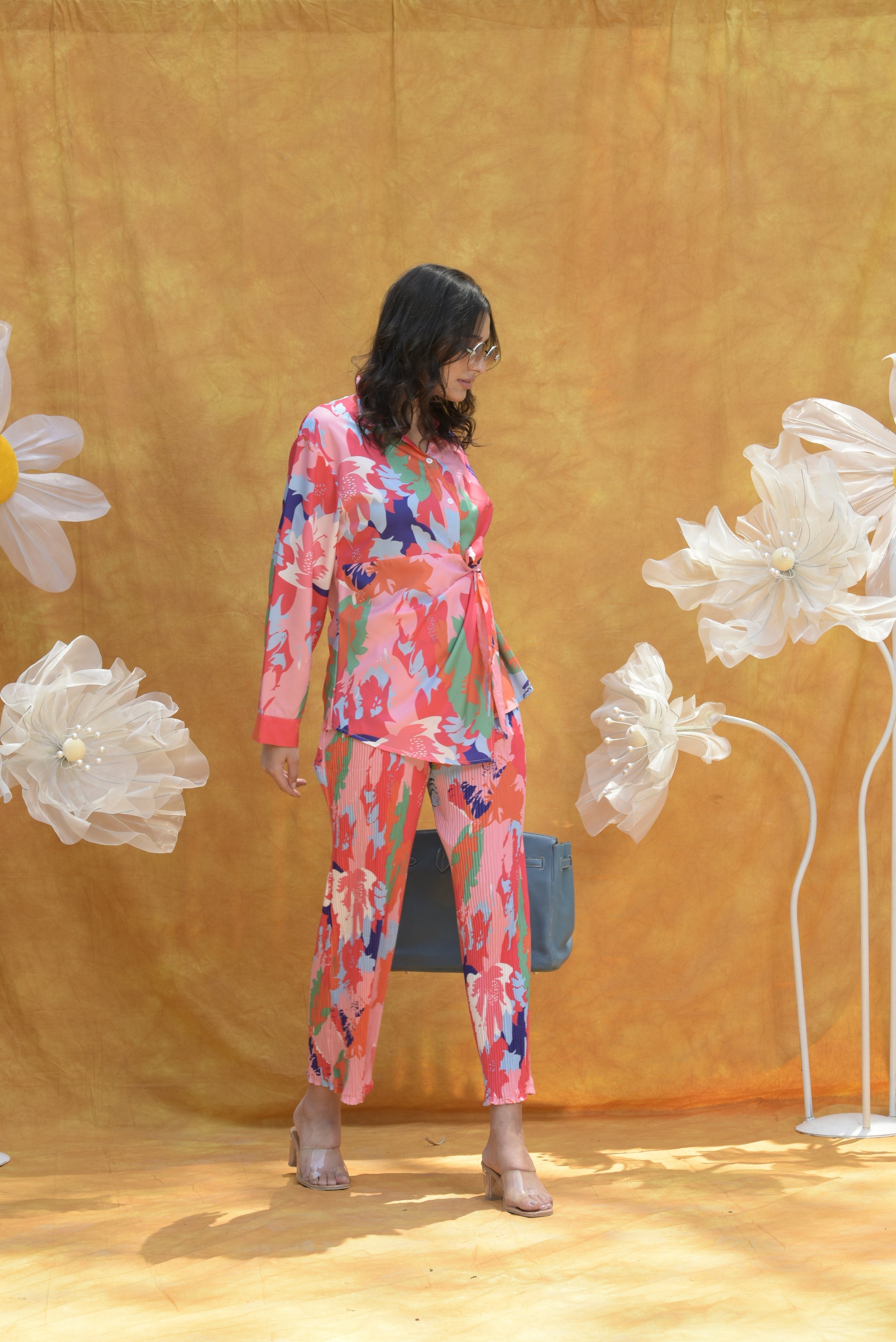 Siciley Satin Botanical Co-ord Set- Pink Fun
