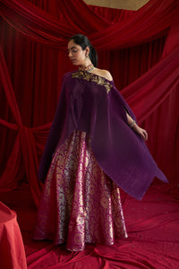 Divine Embroidered Cape with Brocade Ghagra - Hibiscus
