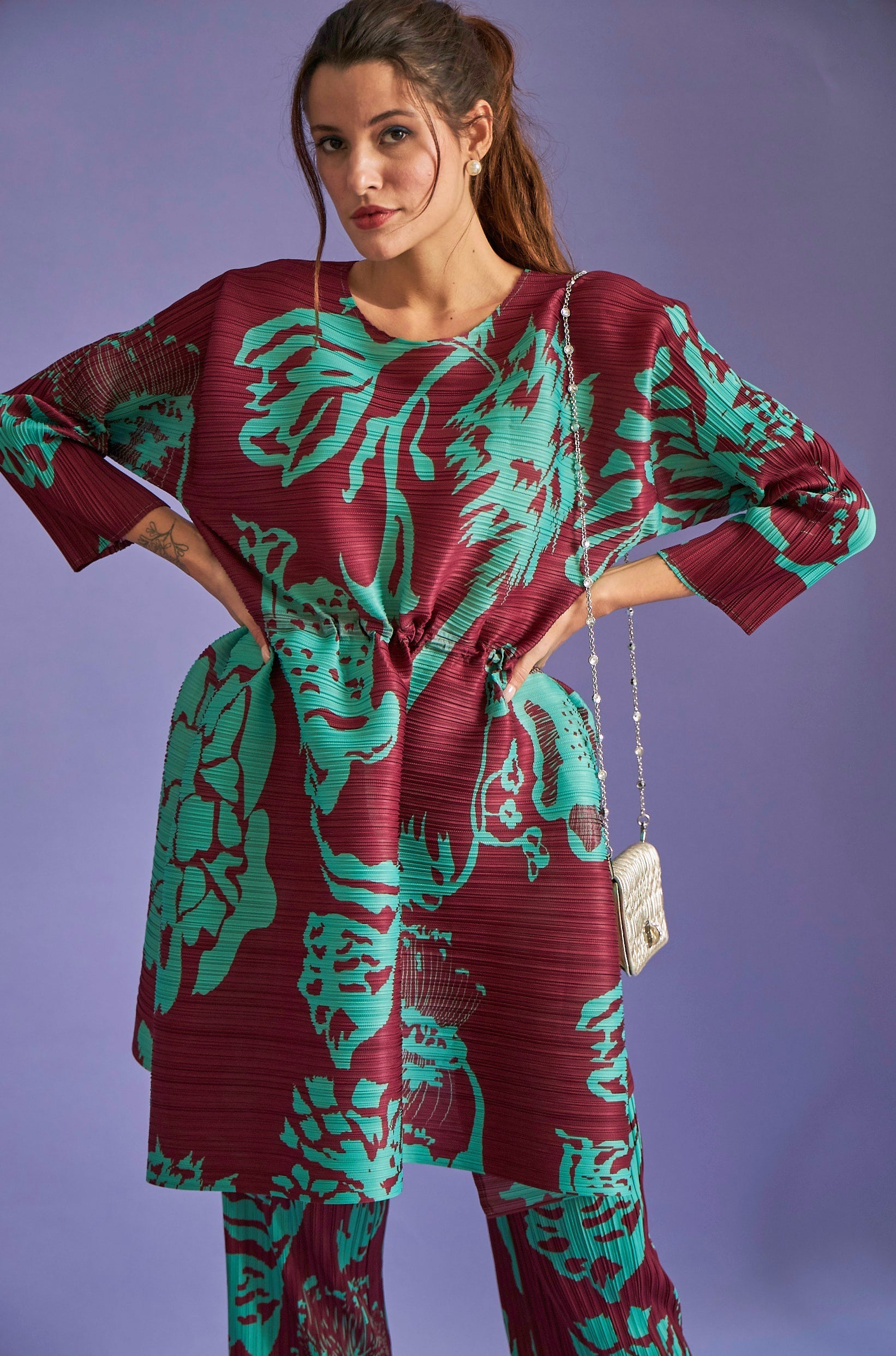 Olivia Printed Cinched-in Co-ord Sets - Maroon Green