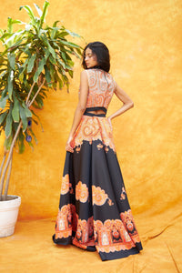 Digital Printed Ghagra with Embellished Blouse - Orange Black