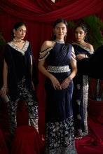 Load image into Gallery viewer, Reyna Gara Glazed Classy Pleated Gown Saree with Belt - Navy Blue