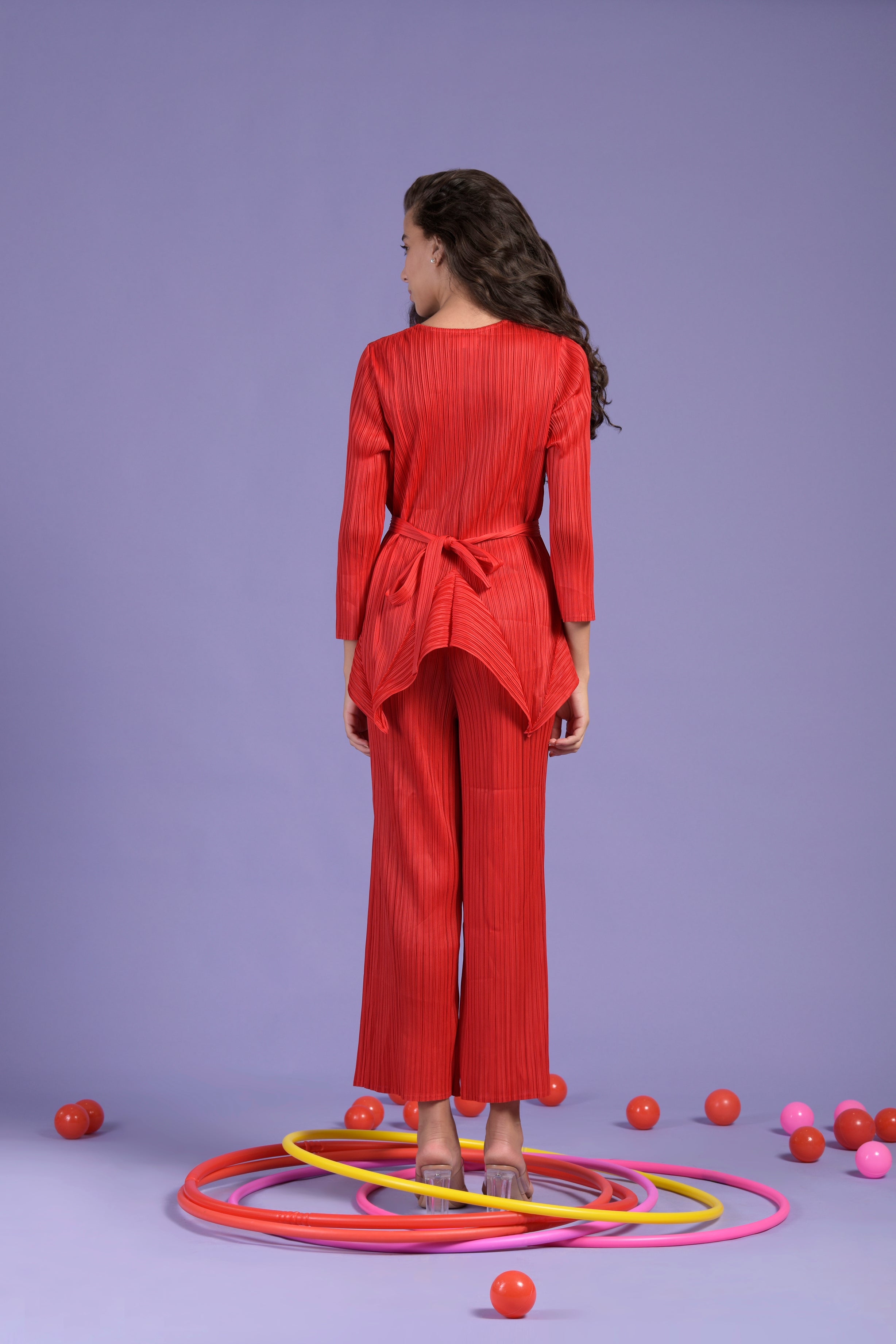 Paisley Peplum Top With Coordinated Straight pant  - Red