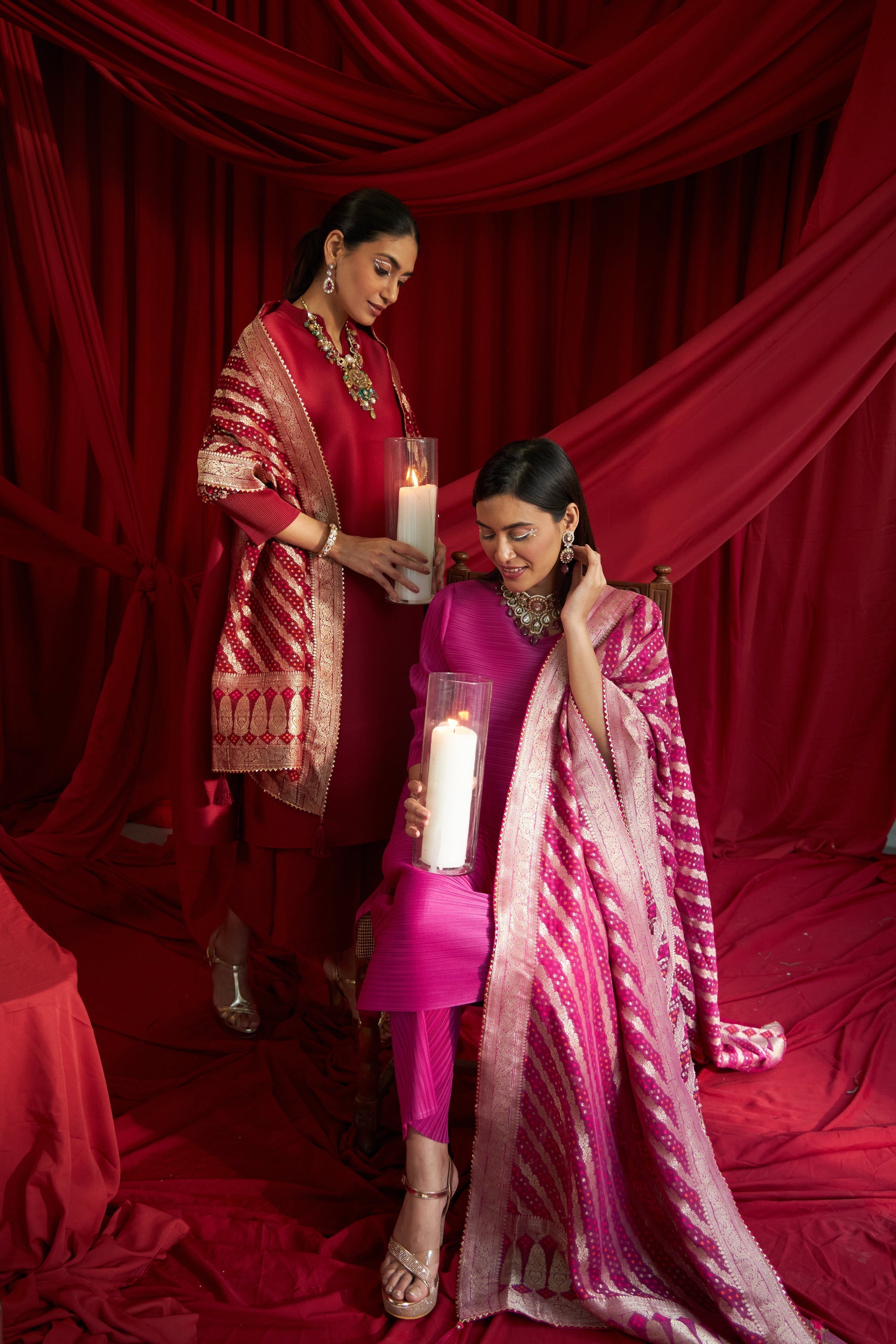 Siara Kurta with Plisse Straight Pants - Fushia